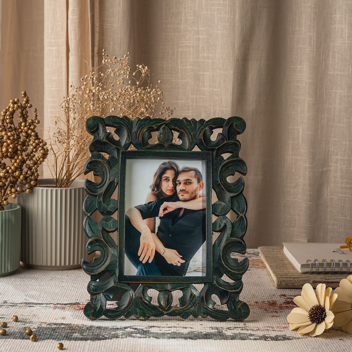 Ferme Vintage Rustic Wooden Photo Frame Hand Carved Forest Green FPF149 - 5x7 inches