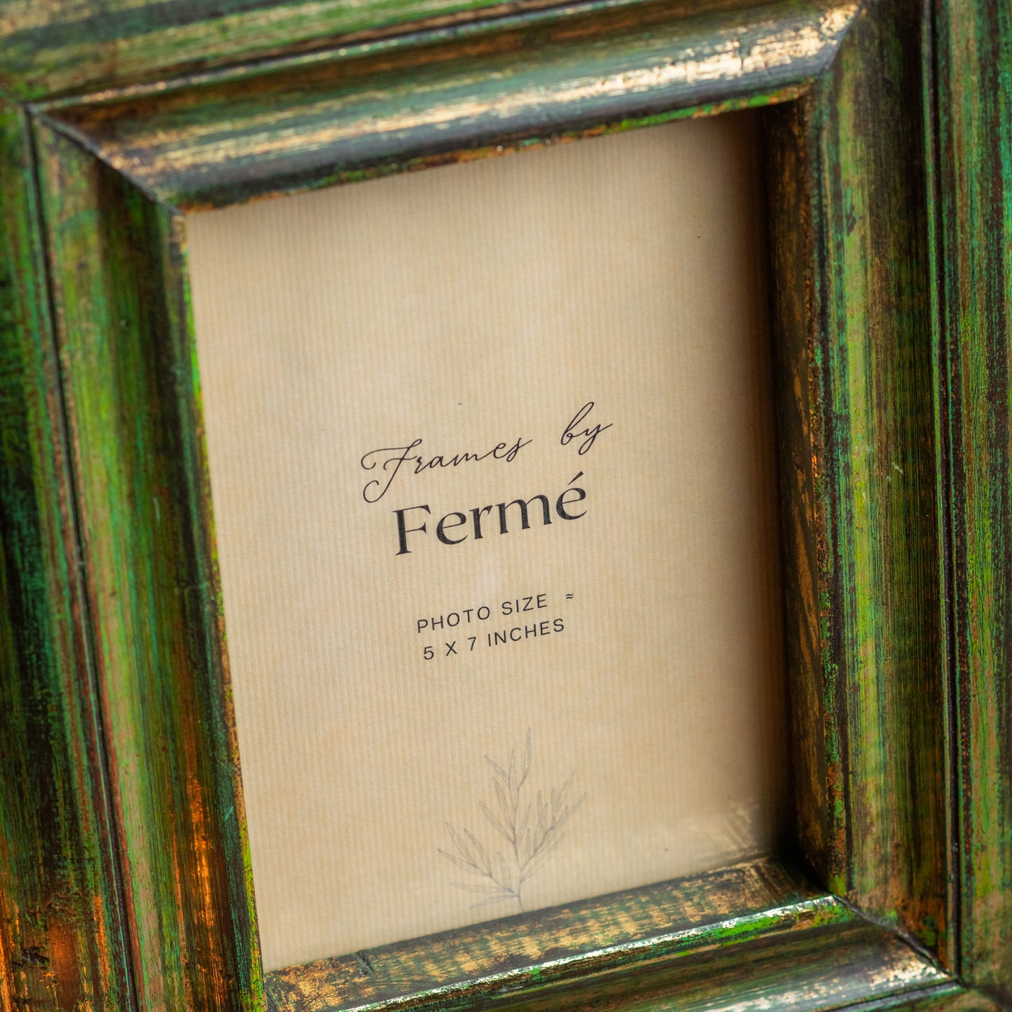 Ferme Vintage Rustic Upcycled Natural Wood Photo Frame Green & Gold FPF065 - 5x7 inches