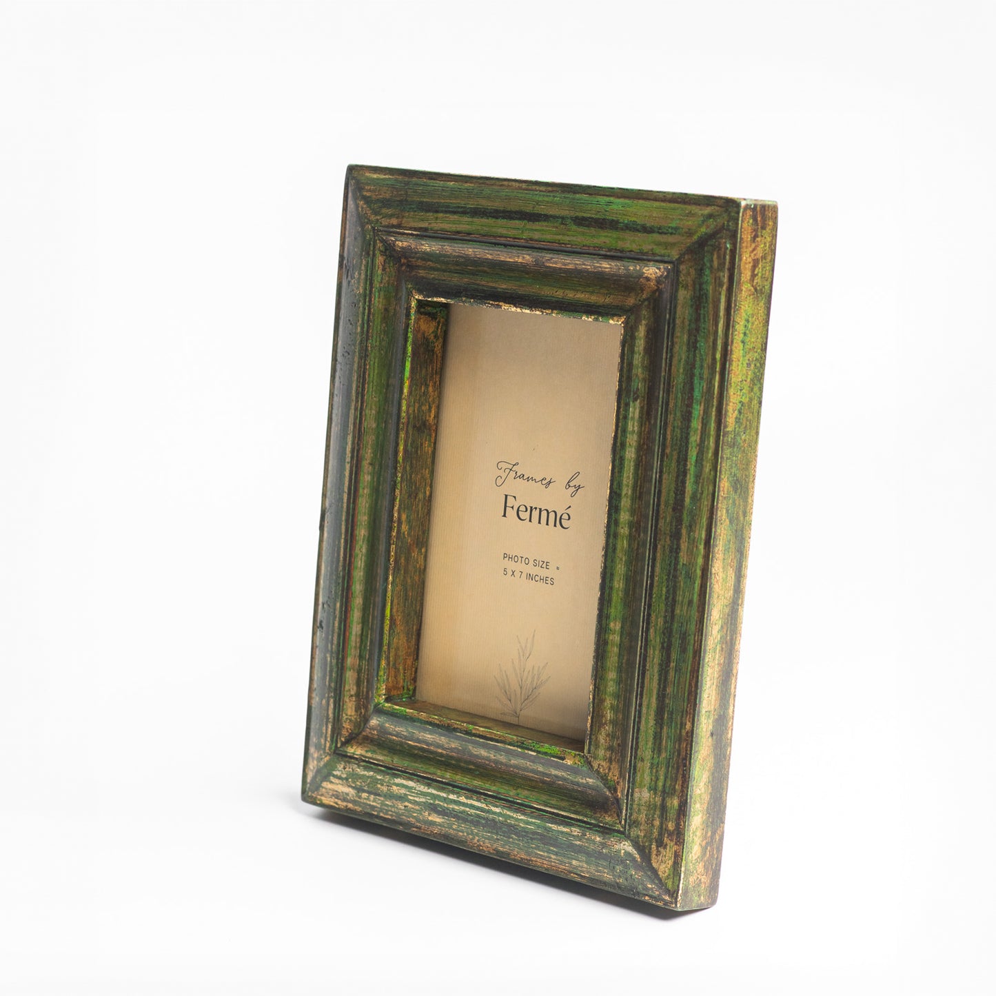 Ferme Vintage Rustic Upcycled Natural Wood Photo Frame Green & Gold FPF065 - 5x7 inches