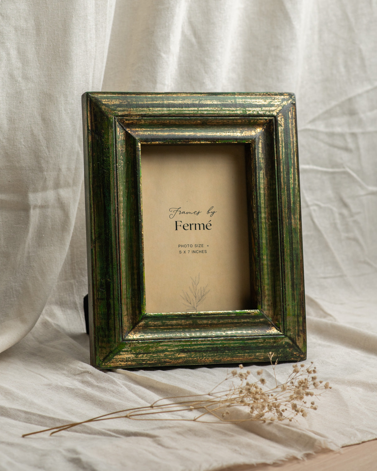 Ferme Vintage Rustic Upcycled Natural Wood Photo Frame Green & Gold FPF065 - 5x7 inches
